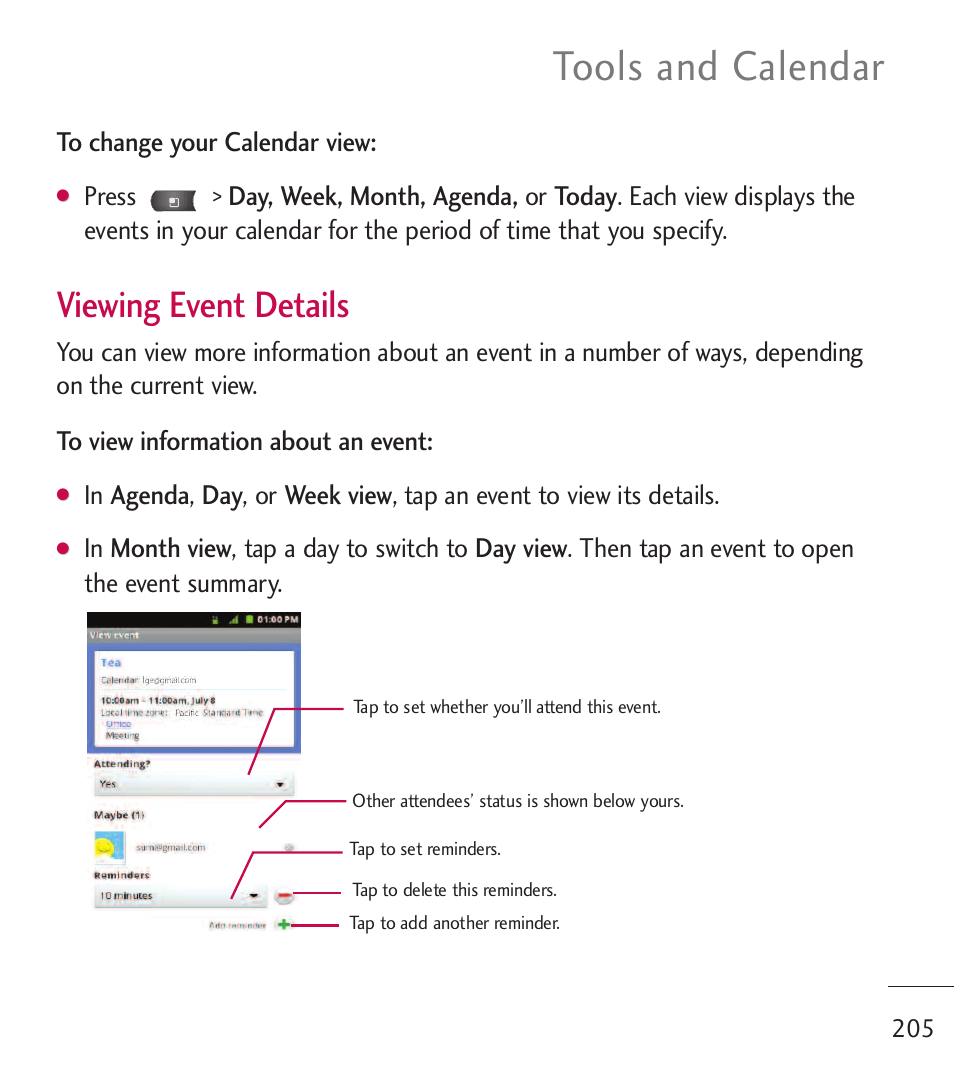 Tools and calendar, Viewing event details | LG LGL55C User Manual | Page 207 / 506