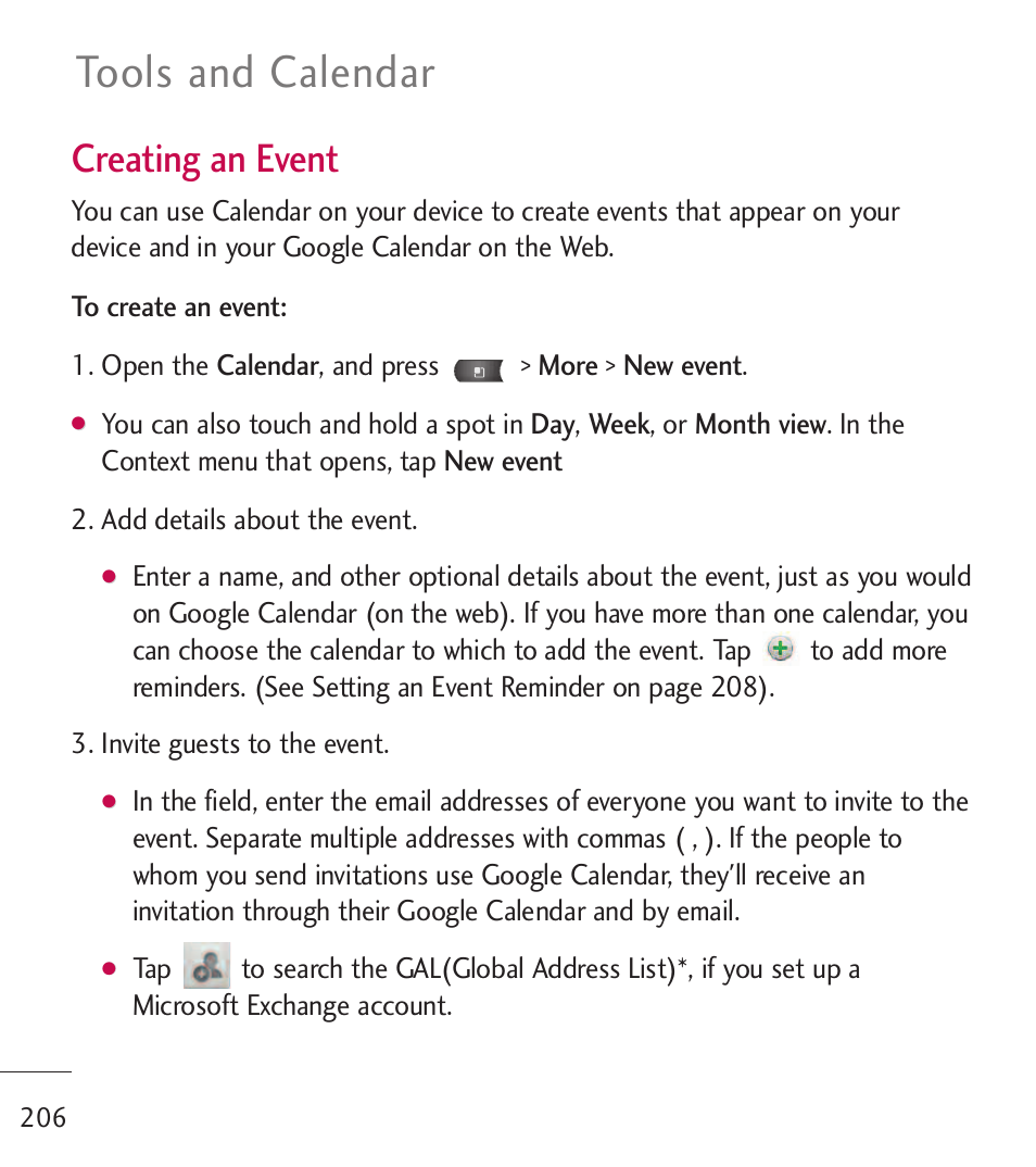 Tools and calendar, Creating an event | LG LGL55C User Manual | Page 208 / 506