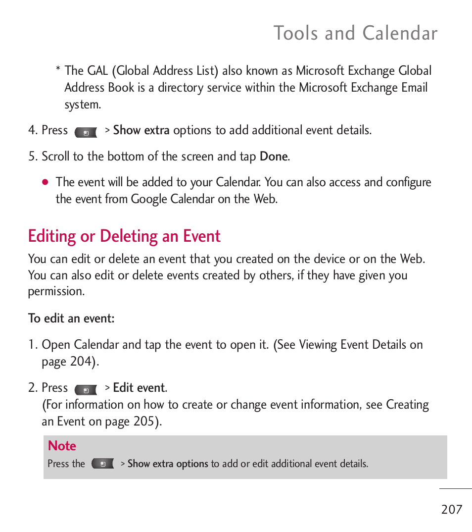 Tools and calendar, Editing or deleting an event | LG LGL55C User Manual | Page 209 / 506