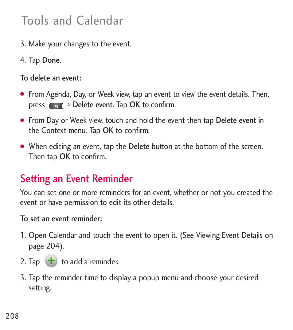 Tools and calendar, Setting an event reminder | LG LGL55C User Manual | Page 210 / 506