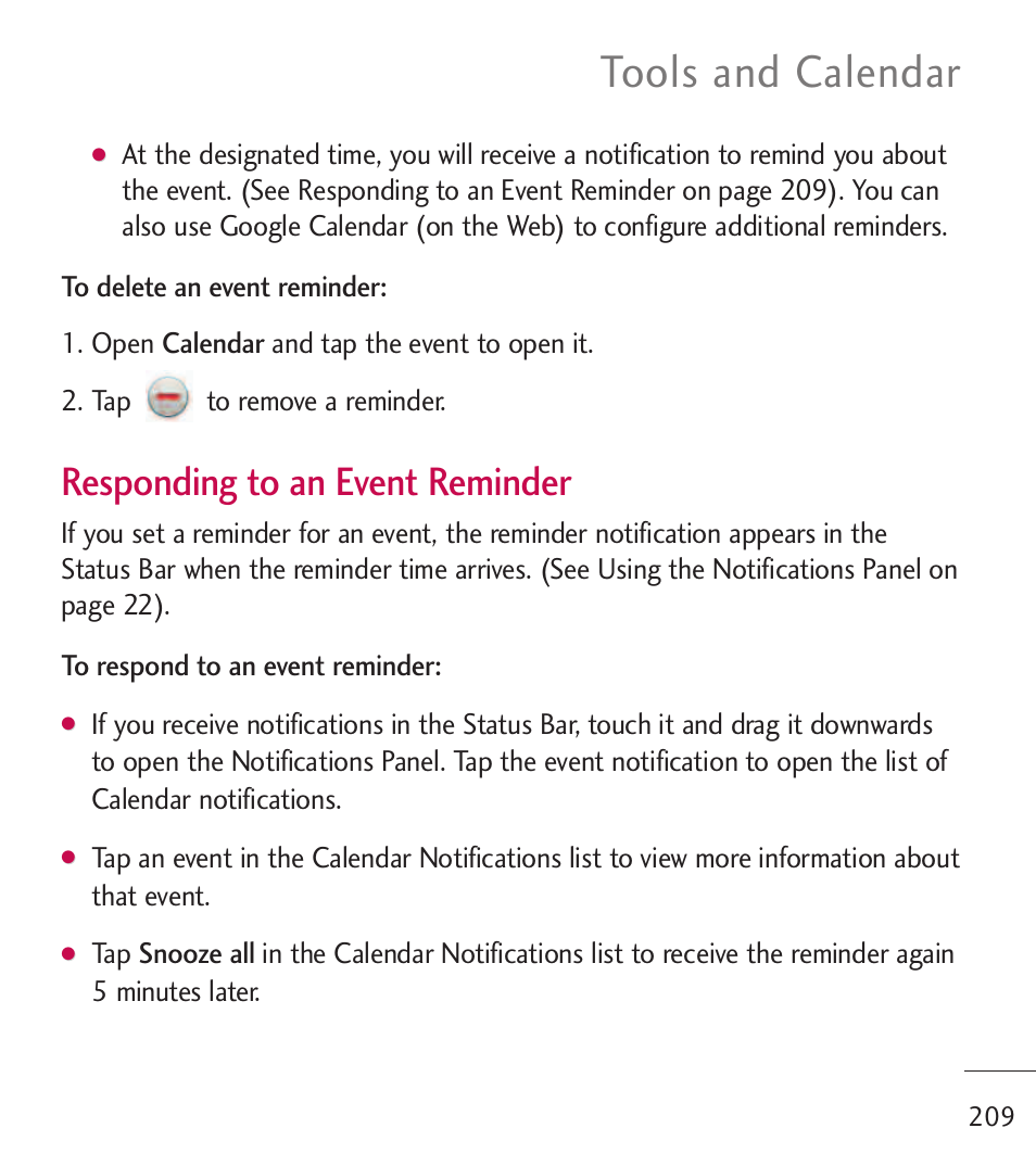 Tools and calendar, Responding to an event reminder | LG LGL55C User Manual | Page 211 / 506