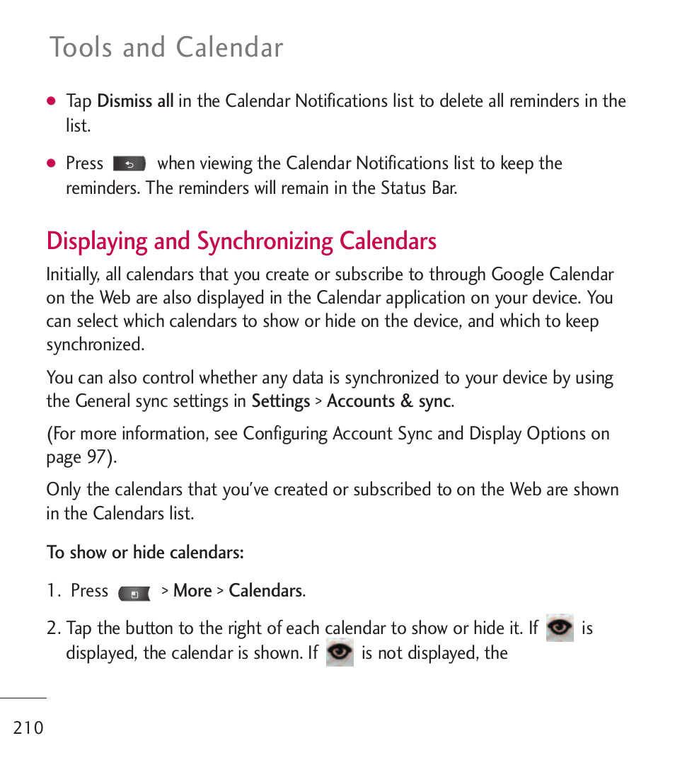 Tools and calendar, Displaying and synchronizing calendars | LG LGL55C User Manual | Page 212 / 506