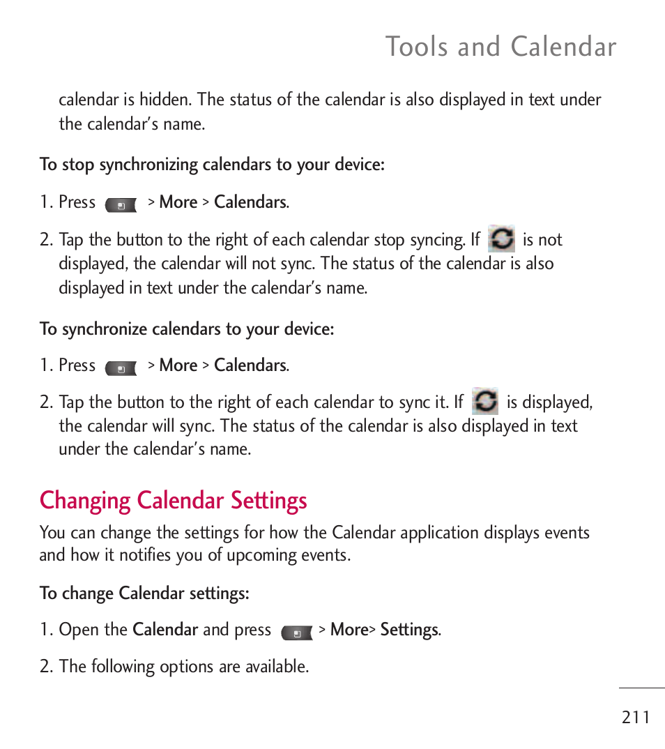 Tools and calendar, Changing calendar settings | LG LGL55C User Manual | Page 213 / 506