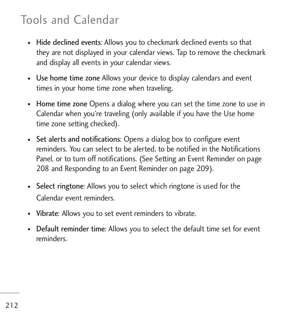 Tools and calendar | LG LGL55C User Manual | Page 214 / 506