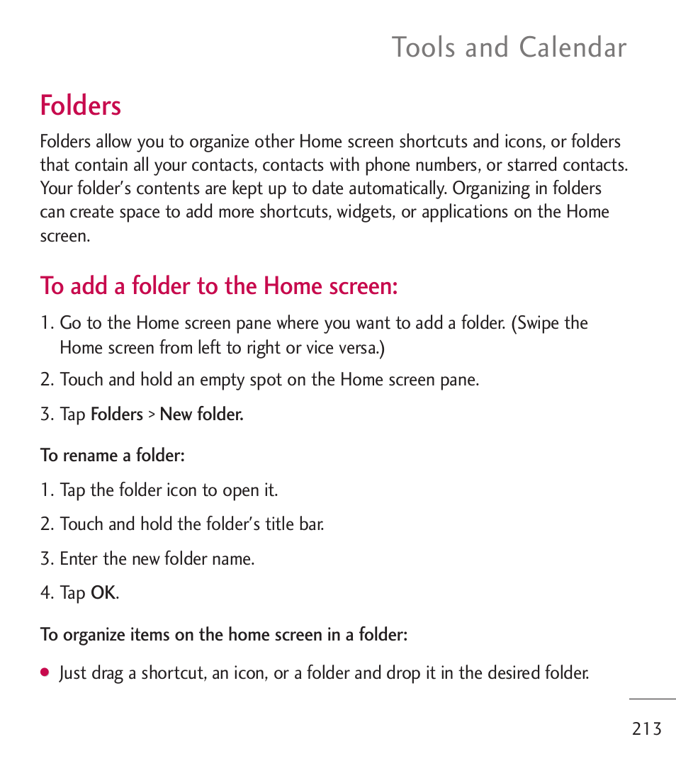 Folders, Tools and calendar | LG LGL55C User Manual | Page 215 / 506