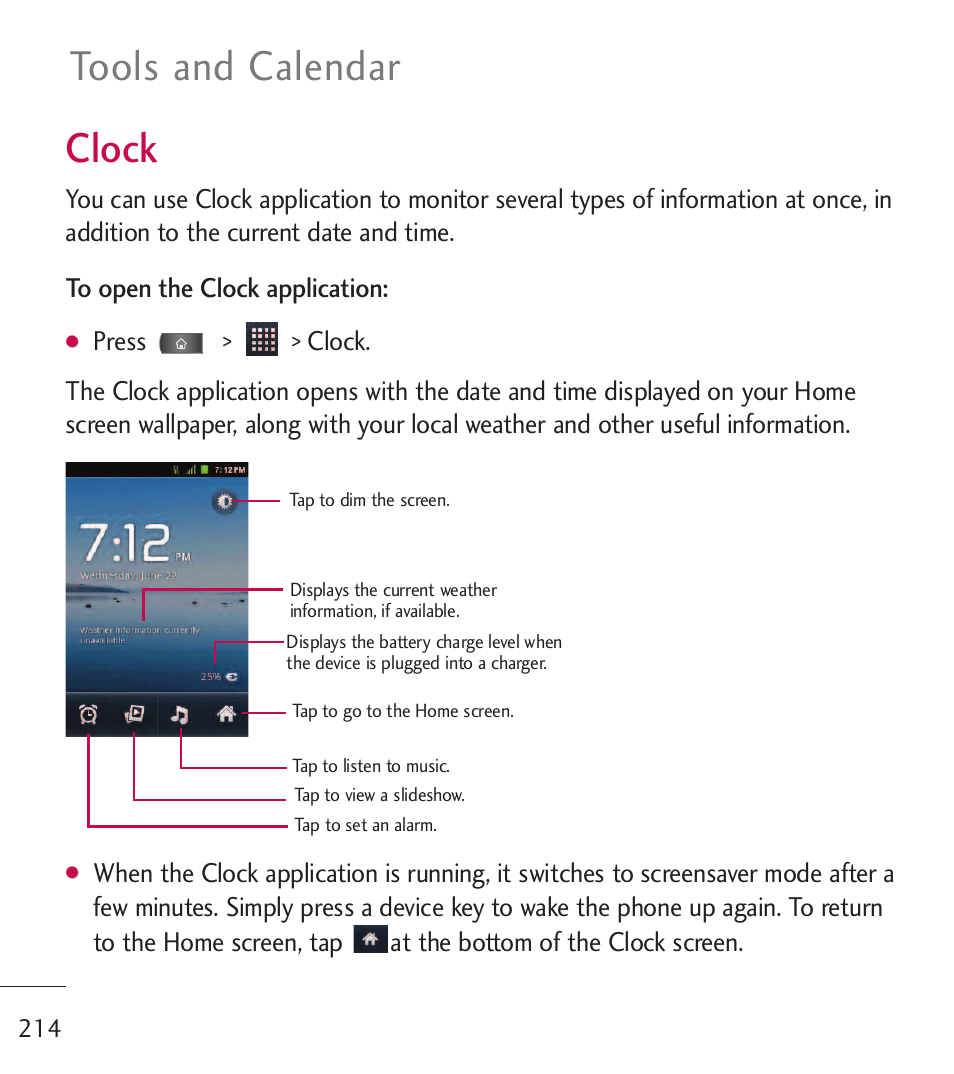 Clock, Tools and calendar | LG LGL55C User Manual | Page 216 / 506