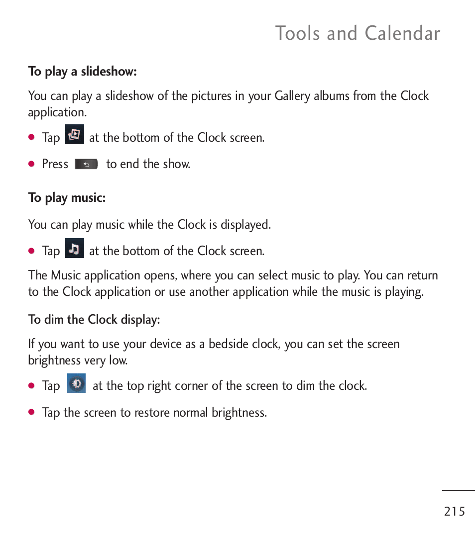 Tools and calendar | LG LGL55C User Manual | Page 217 / 506