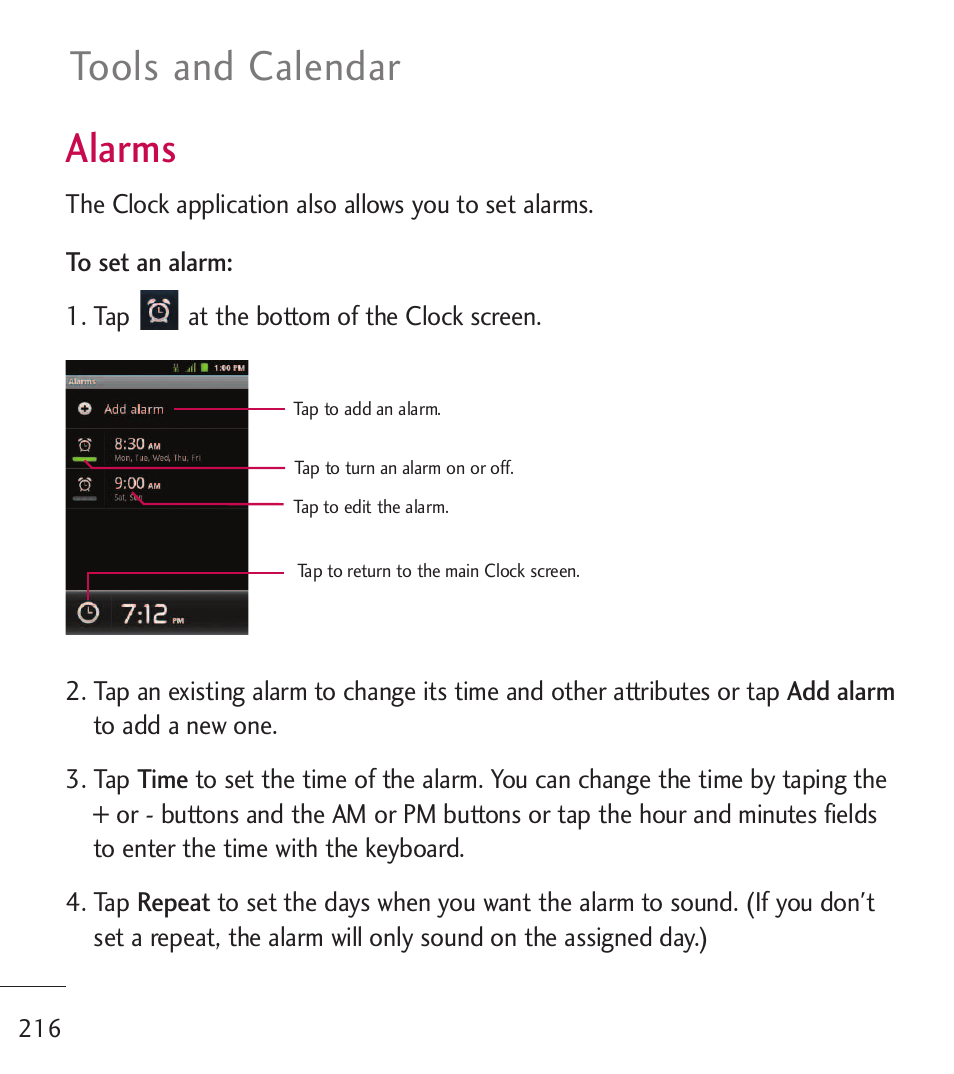 Alarms, Tools and calendar | LG LGL55C User Manual | Page 218 / 506