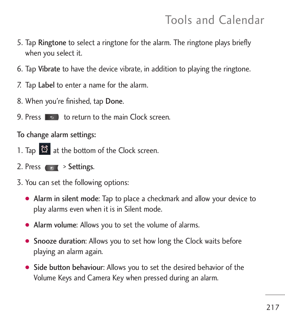 Tools and calendar | LG LGL55C User Manual | Page 219 / 506