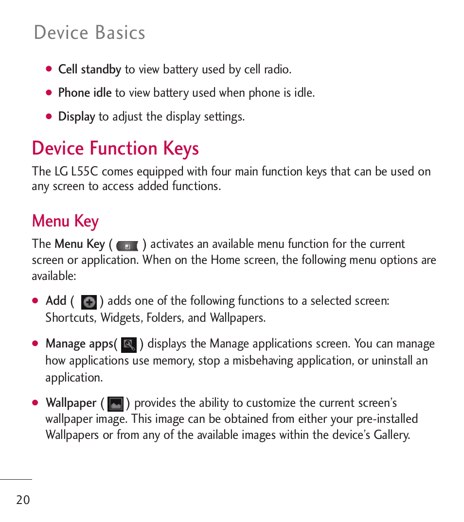 Device function keys, Device basics, Menu key | LG LGL55C User Manual | Page 22 / 506