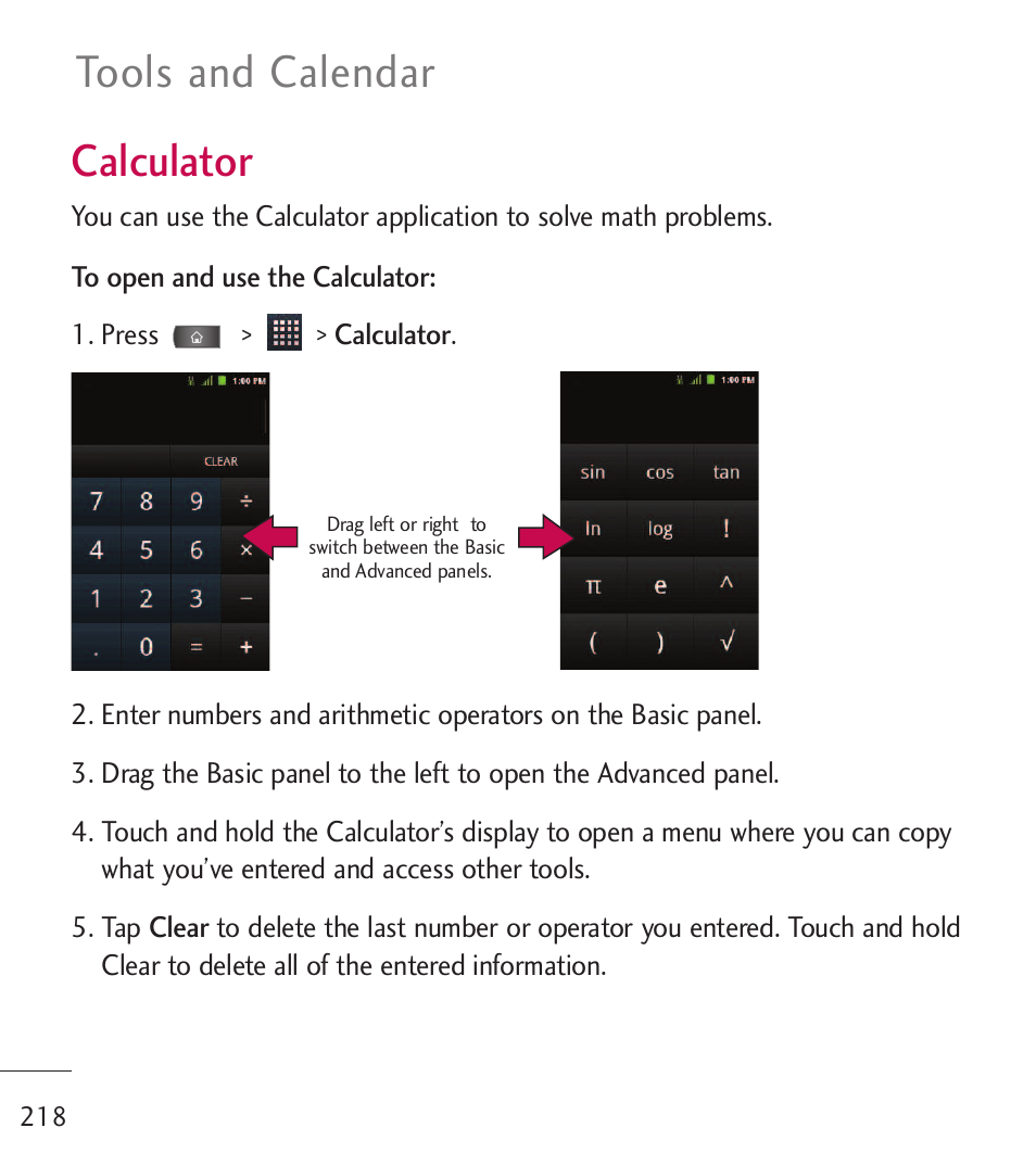 Calculator, Tools and calendar | LG LGL55C User Manual | Page 220 / 506