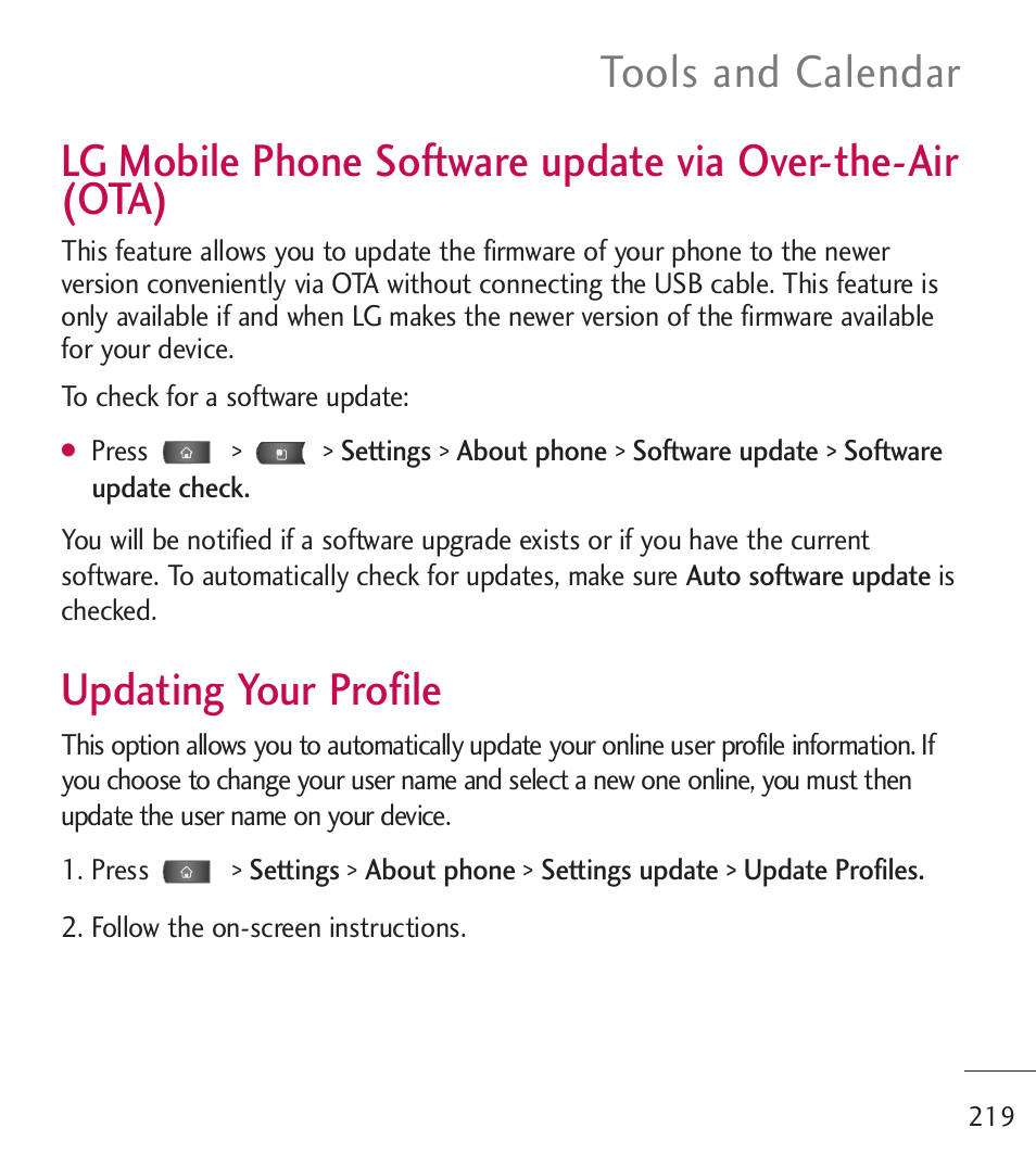 Lg mobile phone software up, Updating your profile, Lg mobile phone software | Tools and calendar | LG LGL55C User Manual | Page 221 / 506