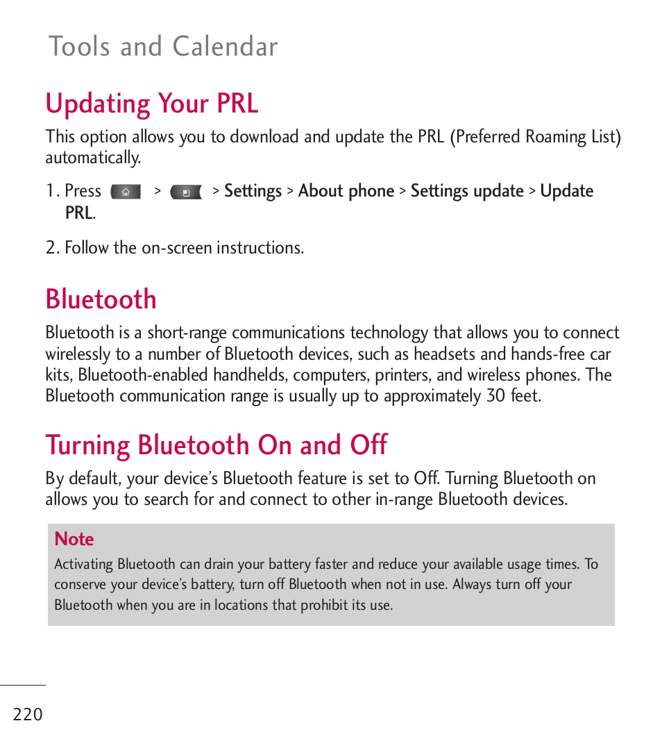 Updating your prl, Bluetooth, Turning bluetooth on and off | Turning bluetooth on and off 220, Tools and calendar | LG LGL55C User Manual | Page 222 / 506