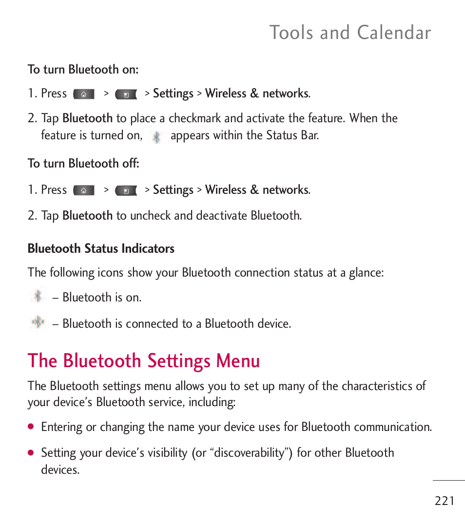 The bluetooth settings menu, Tools and calendar | LG LGL55C User Manual | Page 223 / 506