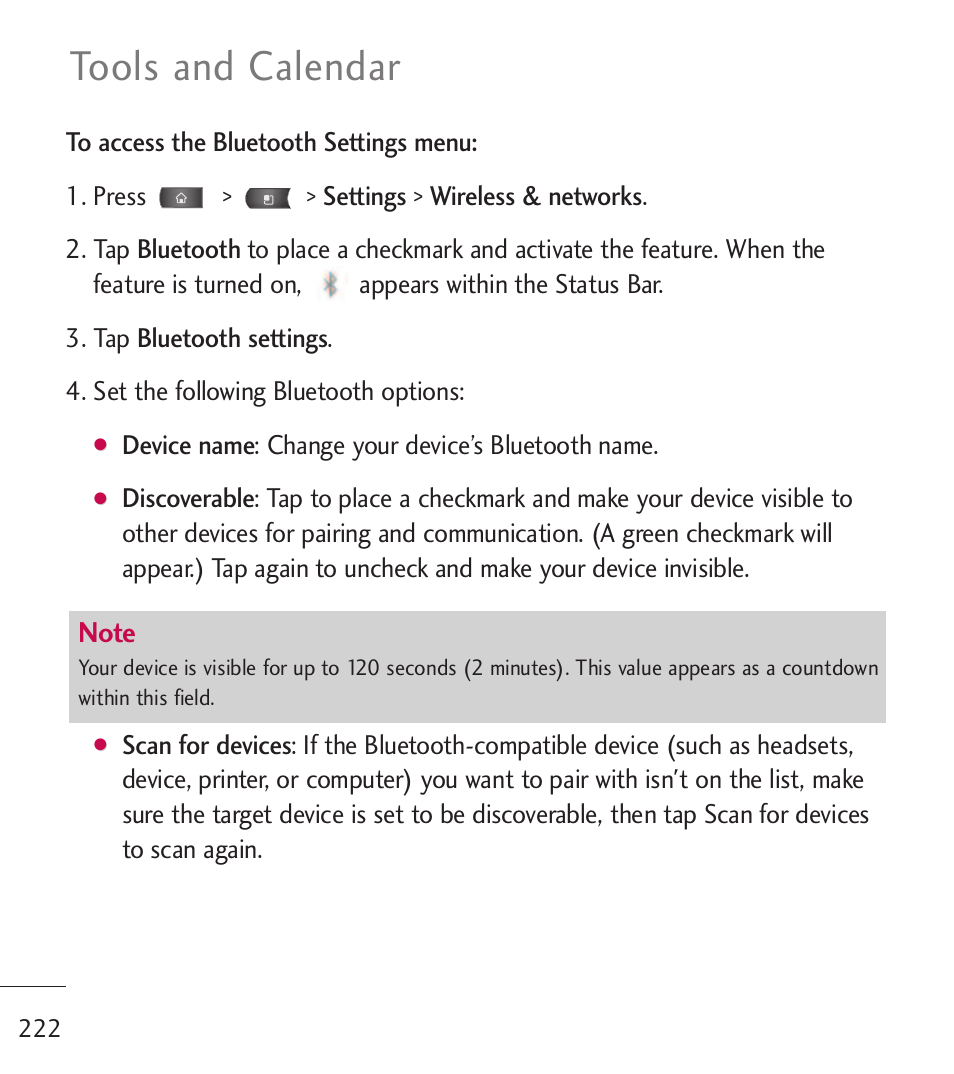 Tools and calendar | LG LGL55C User Manual | Page 224 / 506