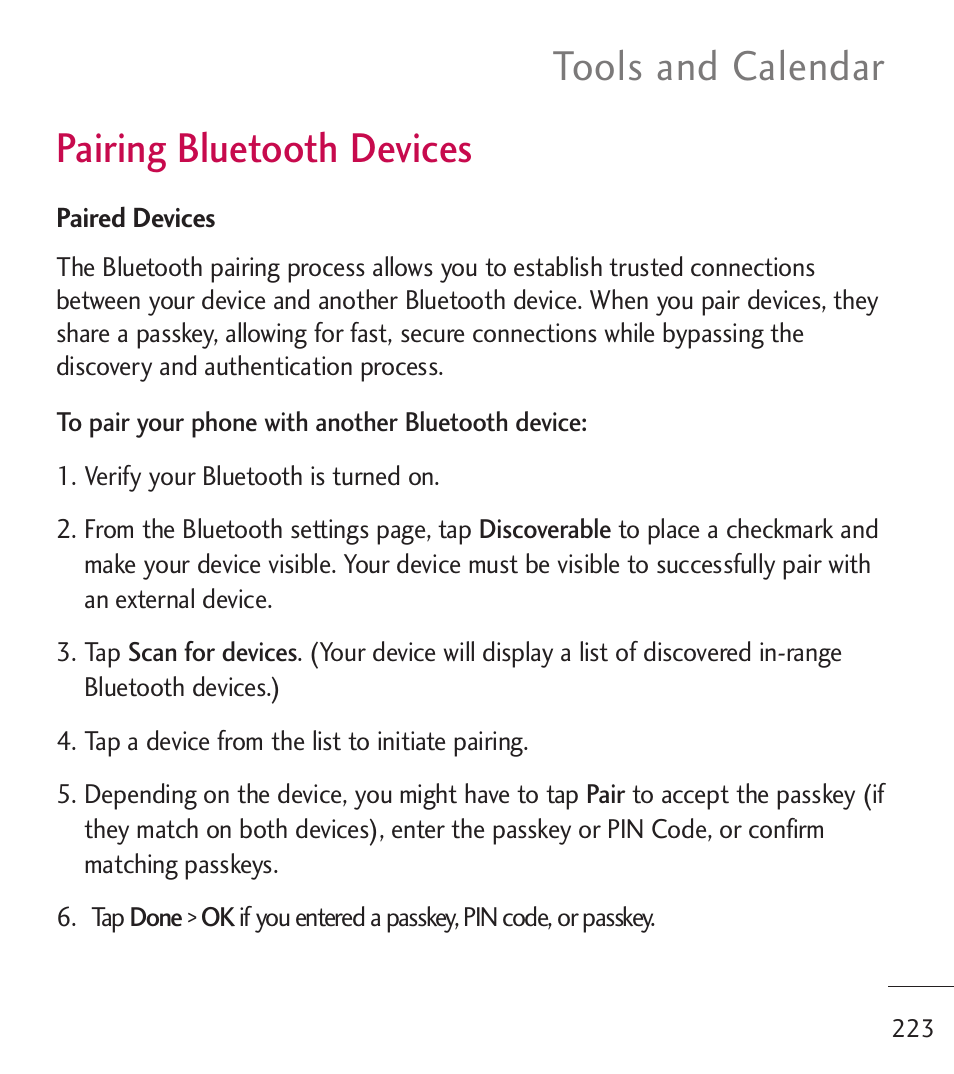 Pairing bluetooth devices, Tools and calendar | LG LGL55C User Manual | Page 225 / 506