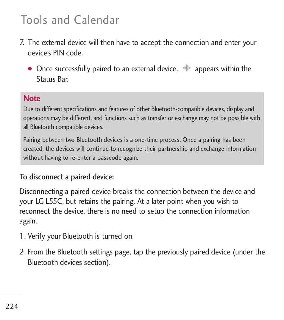 Tools and calendar | LG LGL55C User Manual | Page 226 / 506