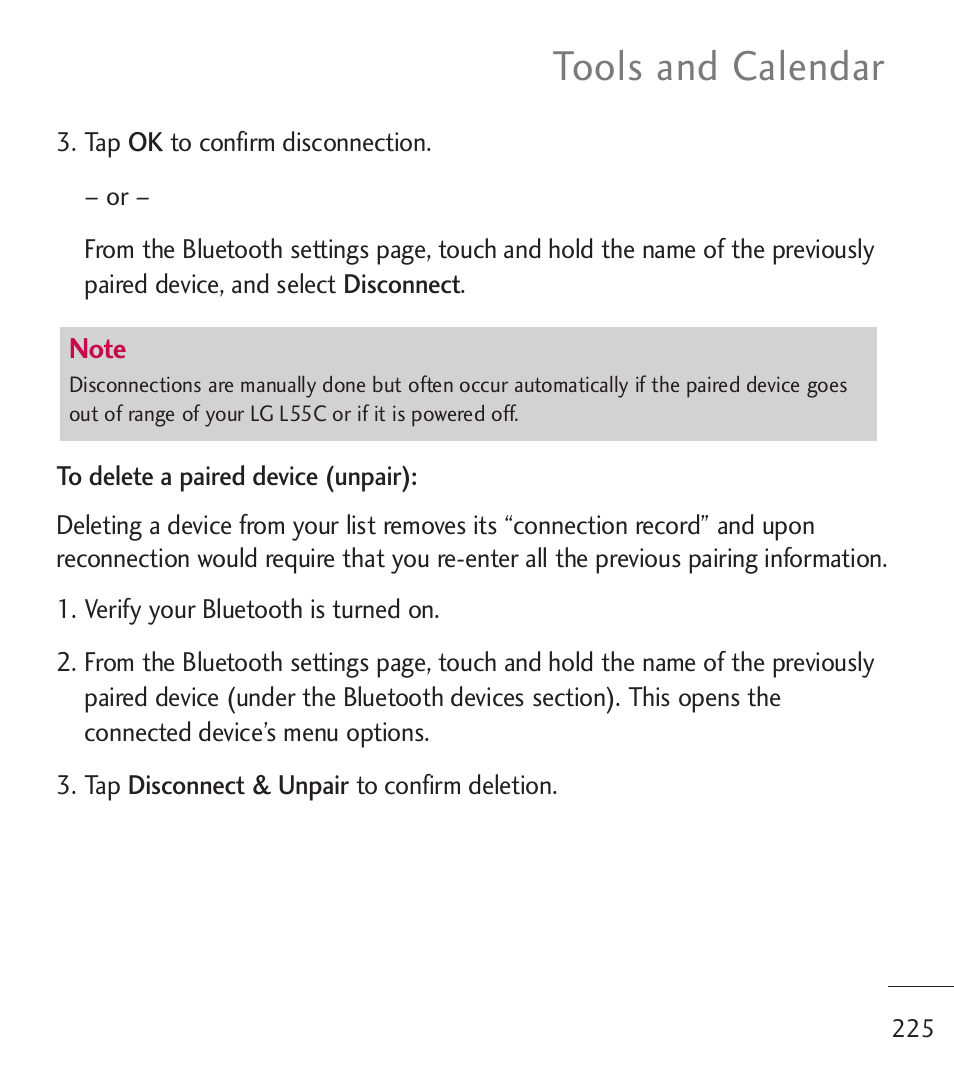 Tools and calendar | LG LGL55C User Manual | Page 227 / 506