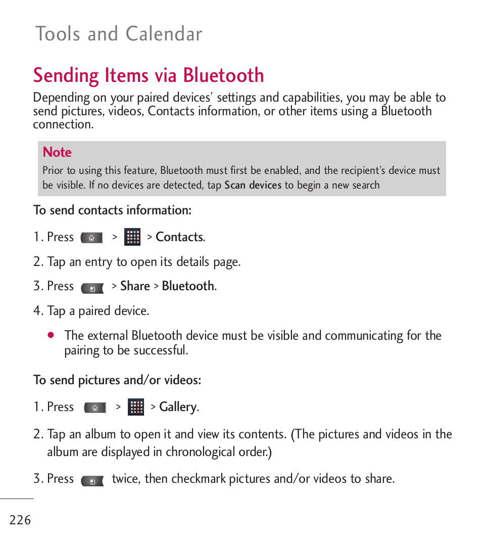 Sending items via bluetooth, Tools and calendar | LG LGL55C User Manual | Page 228 / 506