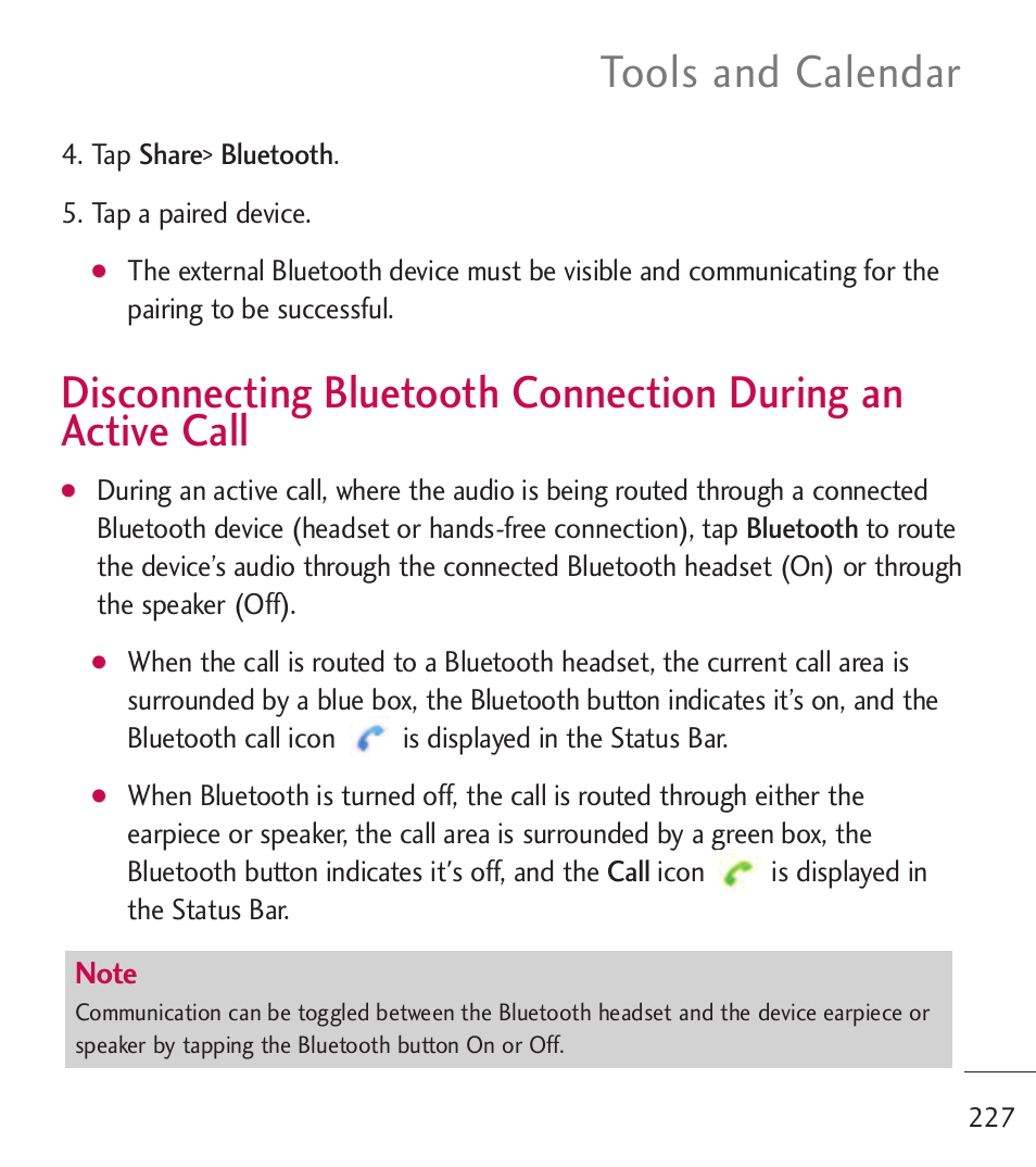 Disconnecting bluetooth con, Disconnecting bluetooth, Connection during an active call227 | Tools and calendar | LG LGL55C User Manual | Page 229 / 506