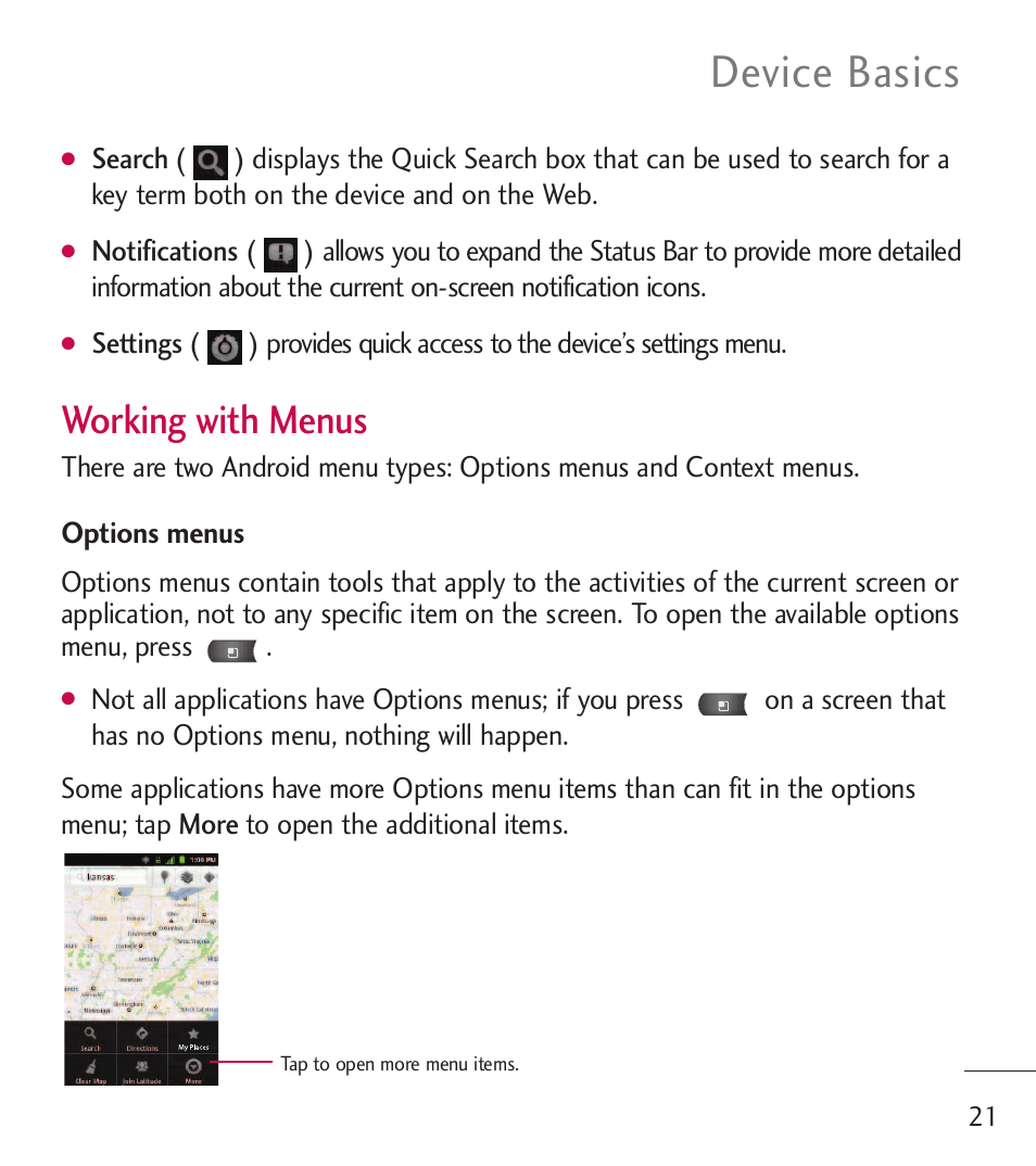 Device basics, Working with menus | LG LGL55C User Manual | Page 23 / 506