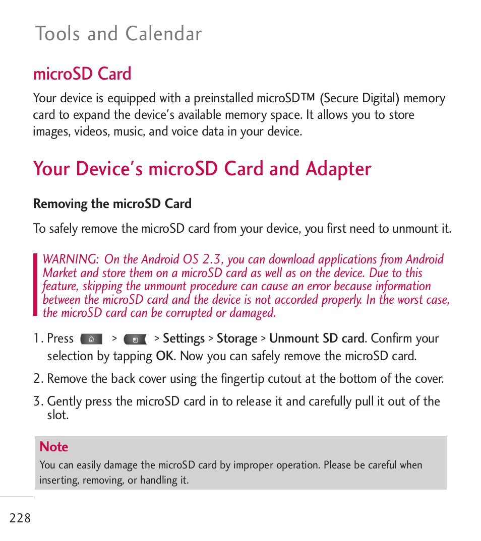 Your device's microsd card a, Your device's microsd card and, Adapter | Your device's microsd card and adapter, Tools and calendar, Microsd card | LG LGL55C User Manual | Page 230 / 506