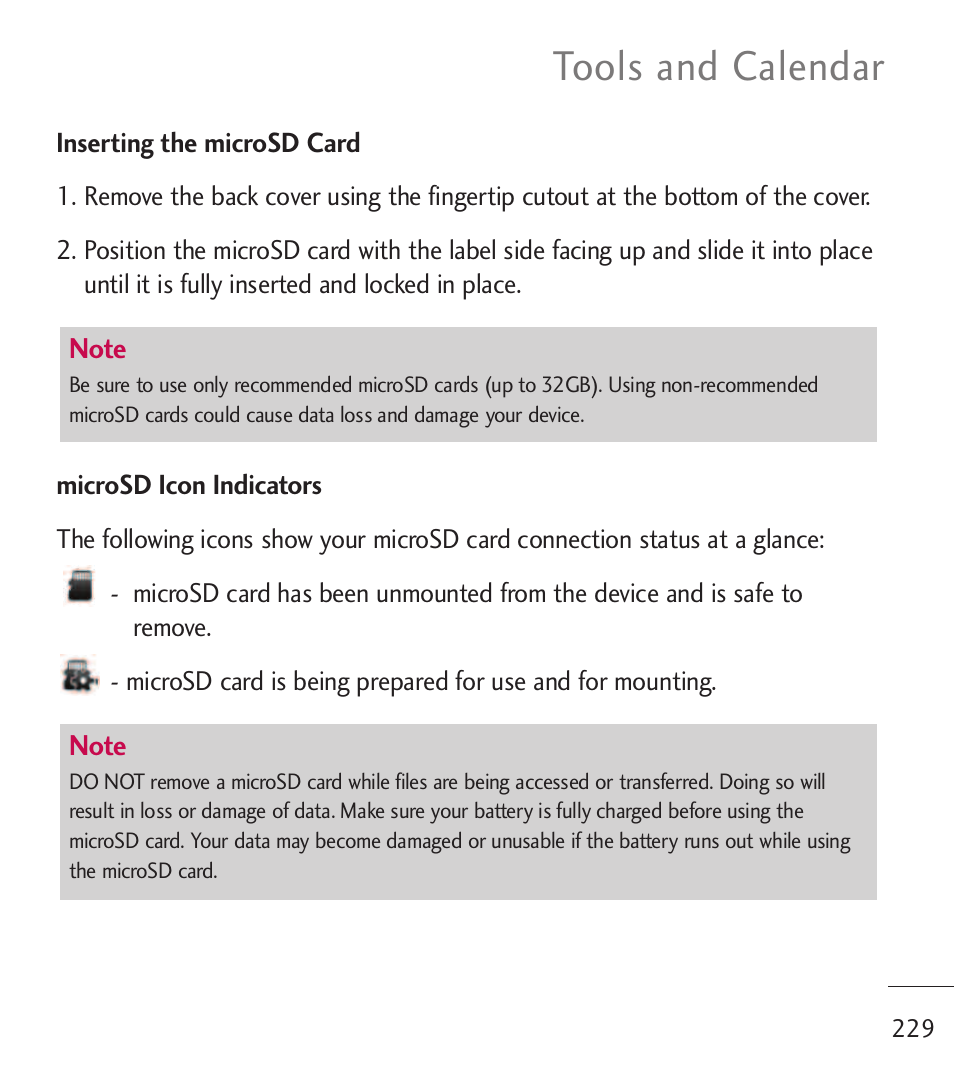 Tools and calendar | LG LGL55C User Manual | Page 231 / 506