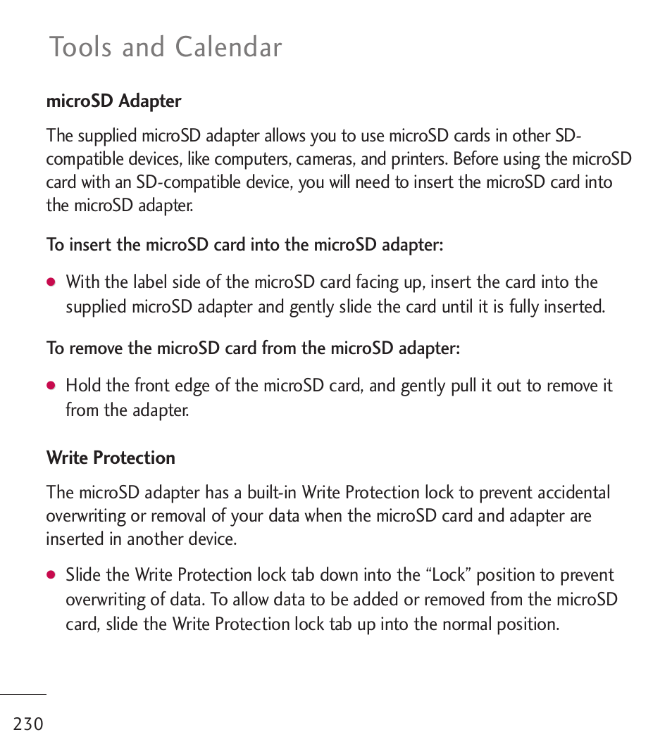 Tools and calendar, Microsd adapter, Write protection | LG LGL55C User Manual | Page 232 / 506