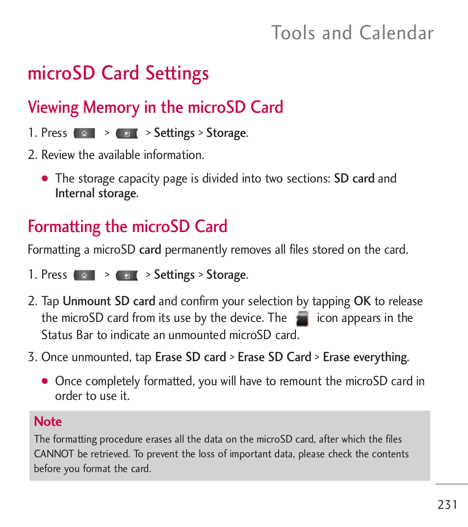 Microsd card settings, Tools and calendar, Formatting the microsd card | LG LGL55C User Manual | Page 233 / 506