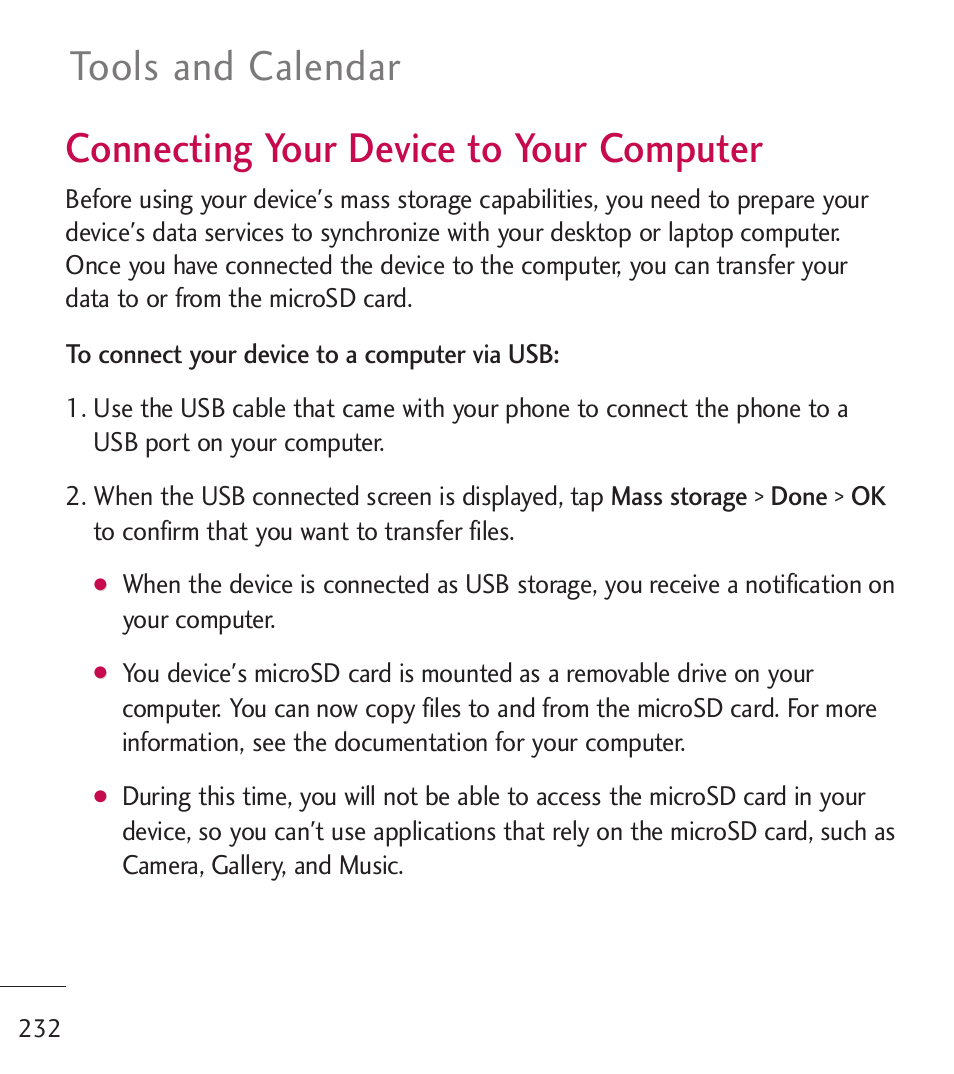 Connecting your device to yo, Connecting your device to your, Computer | Connecting your device to your computer, Tools and calendar | LG LGL55C User Manual | Page 234 / 506