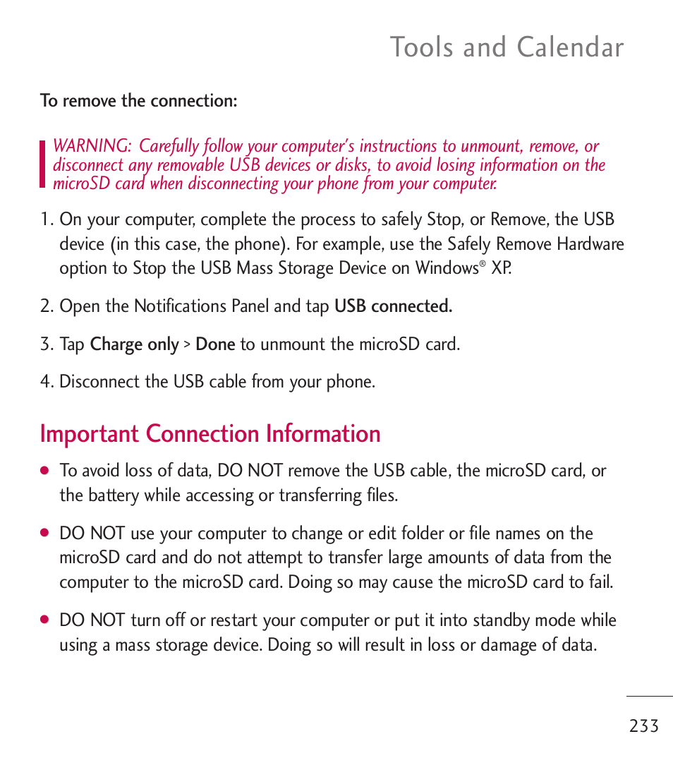 Tools and calendar, Important connection information | LG LGL55C User Manual | Page 235 / 506