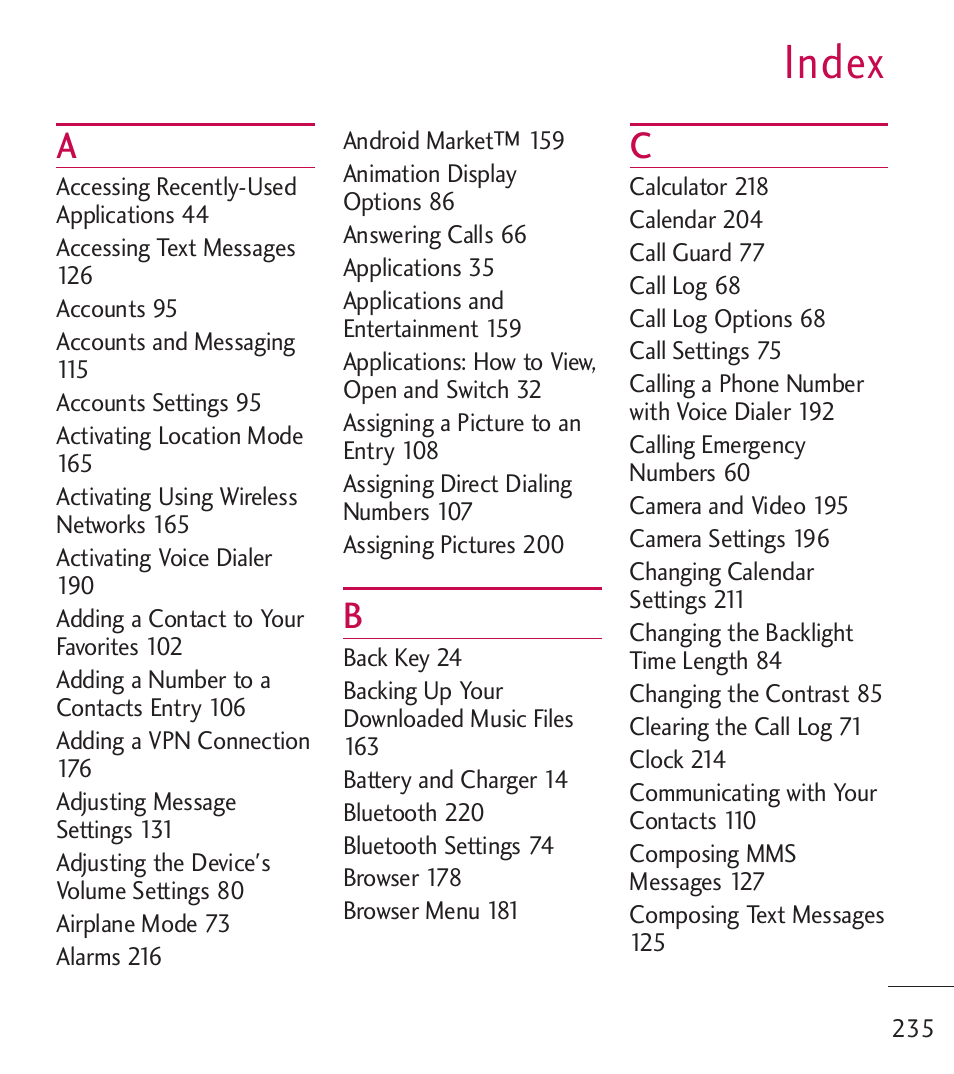 Index, Index 235 | LG LGL55C User Manual | Page 237 / 506