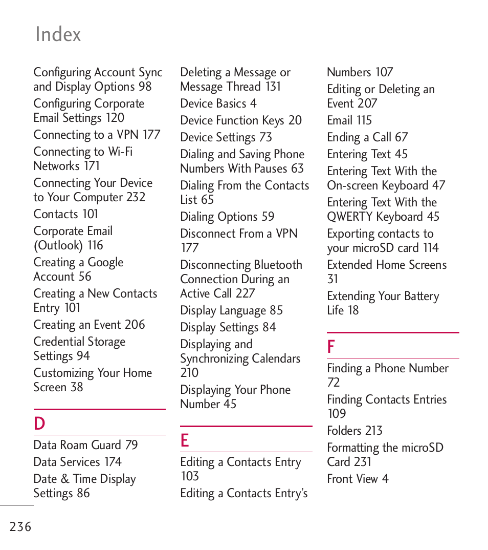 Index | LG LGL55C User Manual | Page 238 / 506