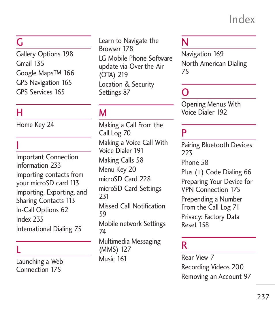 Index | LG LGL55C User Manual | Page 239 / 506