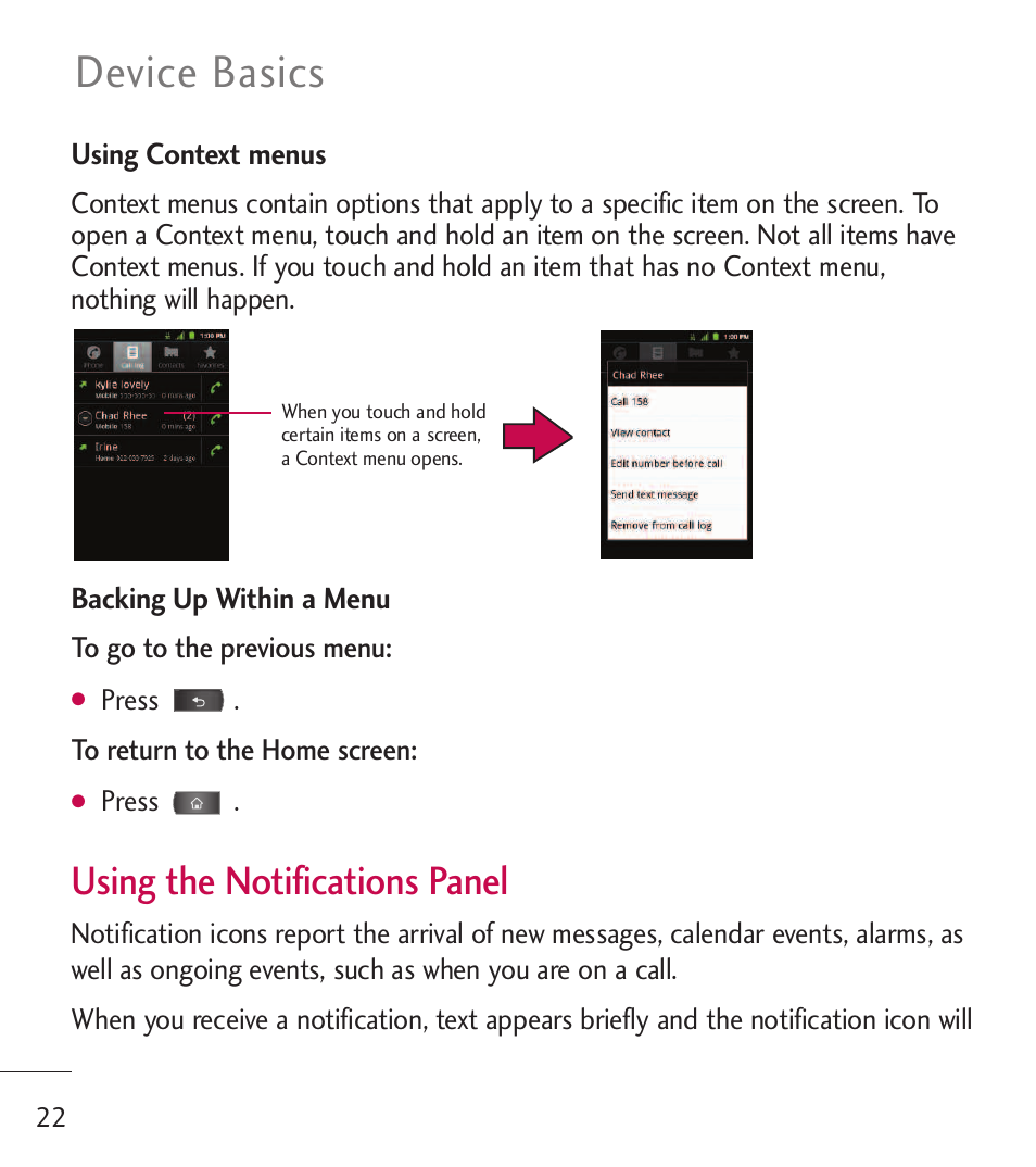 Device basics, Using the notifications panel | LG LGL55C User Manual | Page 24 / 506