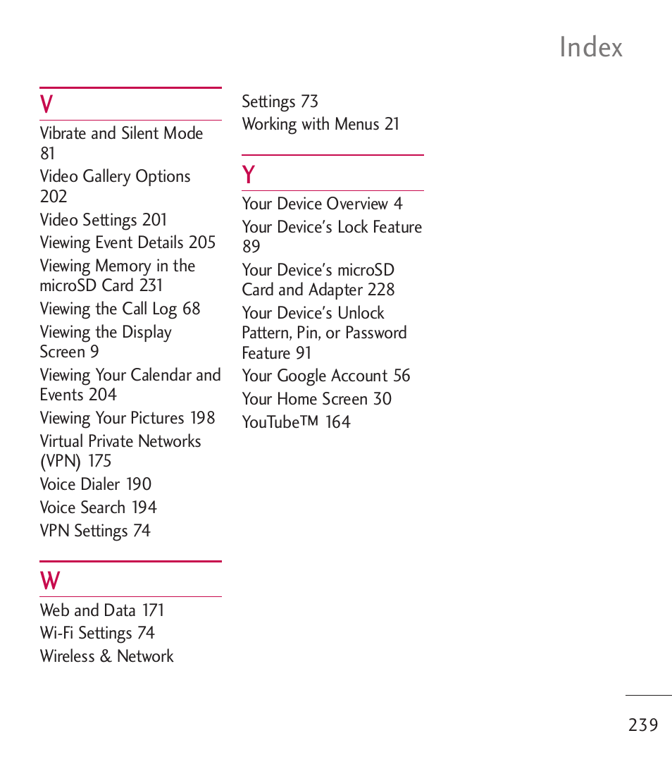 Index | LG LGL55C User Manual | Page 241 / 506