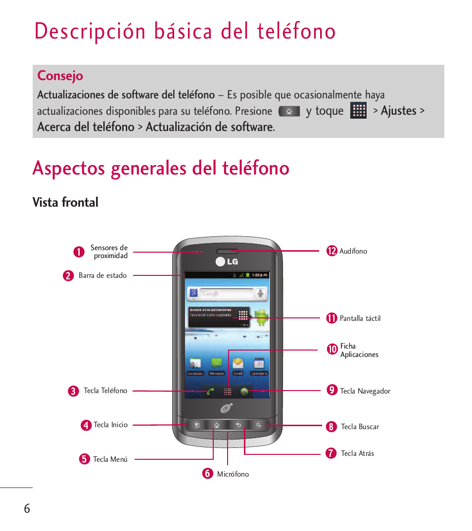 Descripci? b?ica del tel, Aspectos generales del tel?ono, Descripción básica del | Teléfono, Aspectos generales del teléfono, Descripción básica del teléfono, Consejo, Vista frontal | LG LGL55C User Manual | Page 248 / 506