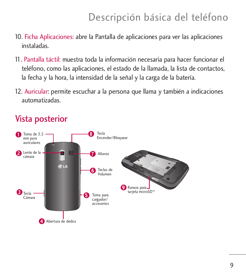 Descripción básica del teléfono, Vista posterior | LG LGL55C User Manual | Page 251 / 506