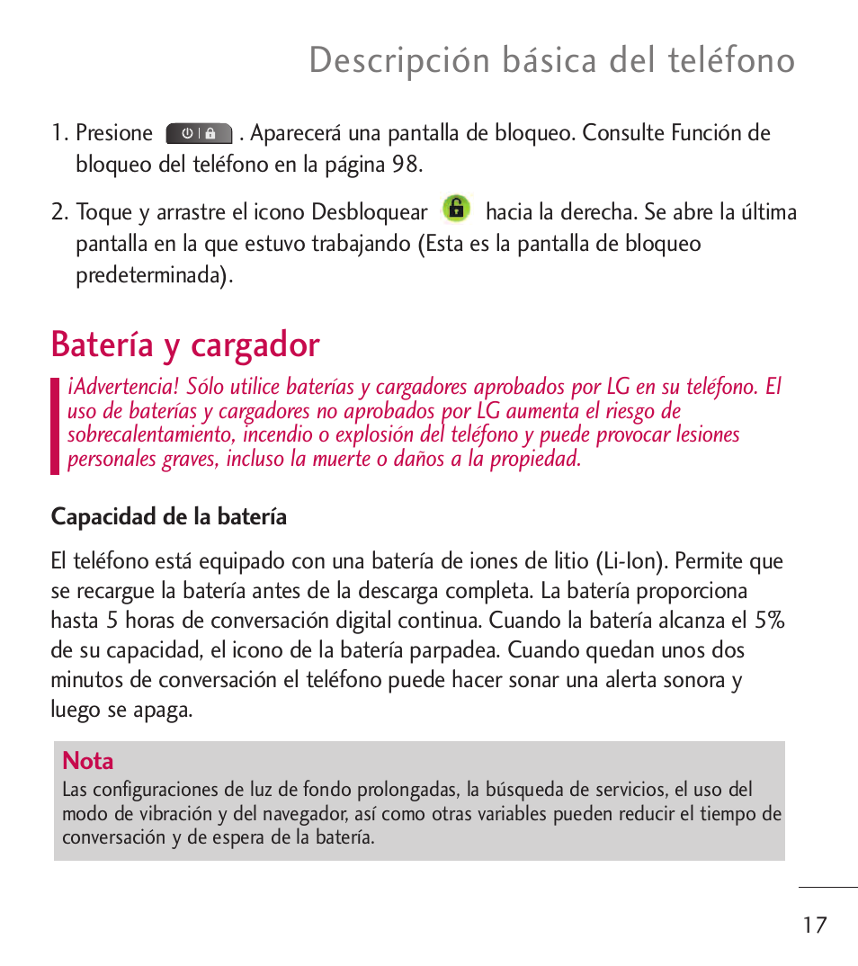 Bater? y cargador, Batería y cargador, Descripción básica del teléfono | LG LGL55C User Manual | Page 259 / 506