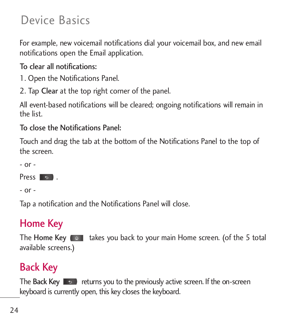 Device basics, Home key, Back key | LG LGL55C User Manual | Page 26 / 506