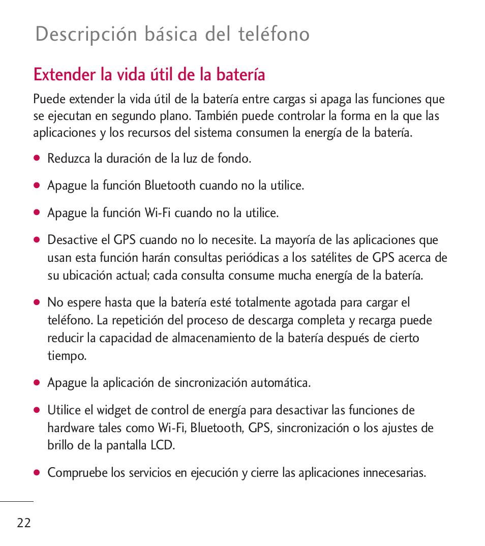 Descripción básica del teléfono, Extender la vida útil de la batería | LG LGL55C User Manual | Page 264 / 506