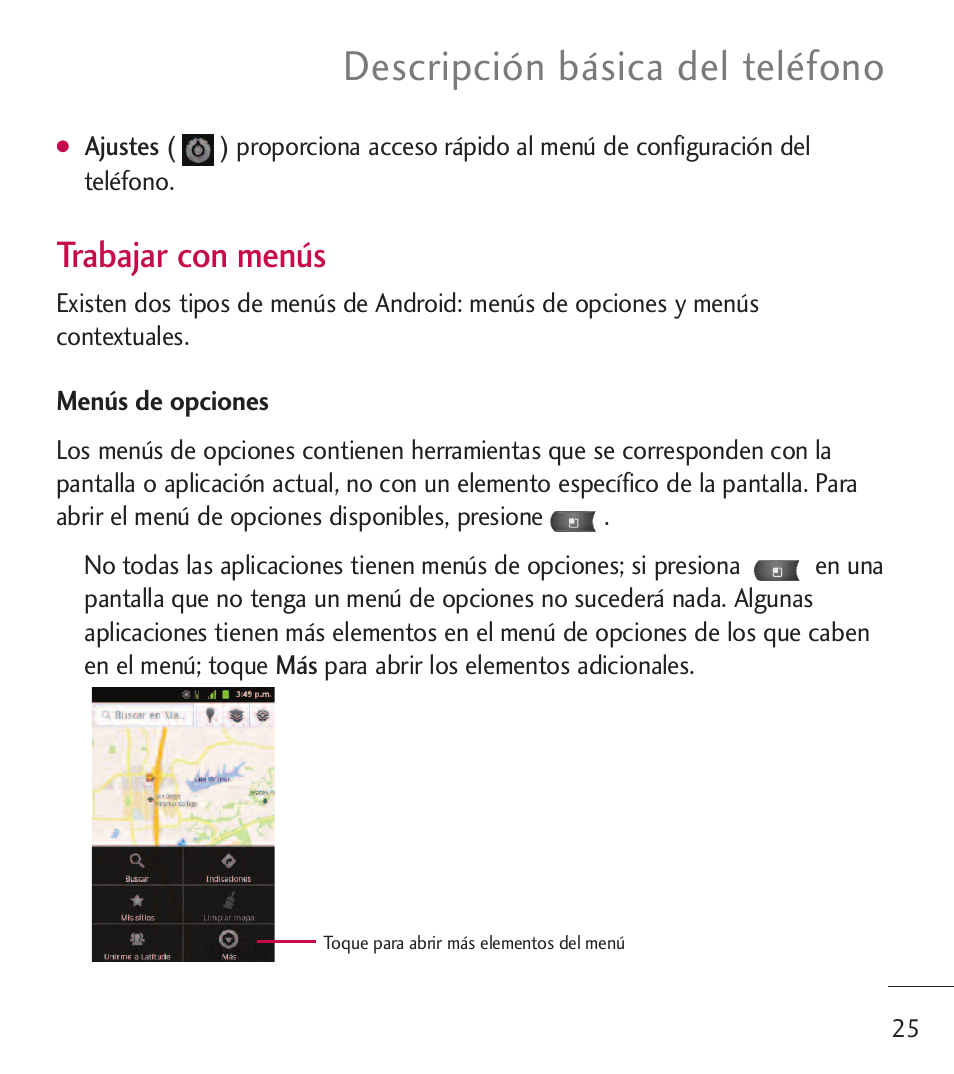 Descripción básica del teléfono, Trabajar con menús | LG LGL55C User Manual | Page 267 / 506
