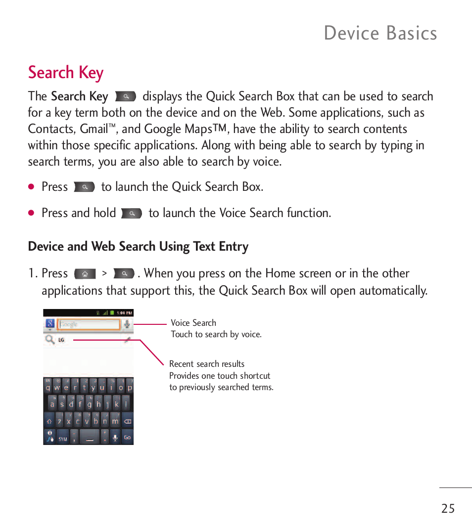 Device basics, Search key | LG LGL55C User Manual | Page 27 / 506