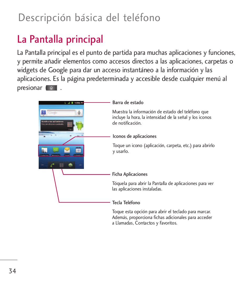 La pantalla principal, Descripción básica del teléfono | LG LGL55C User Manual | Page 276 / 506