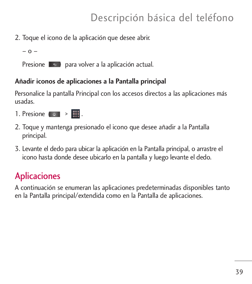 Descripción básica del teléfono, Aplicaciones | LG LGL55C User Manual | Page 281 / 506