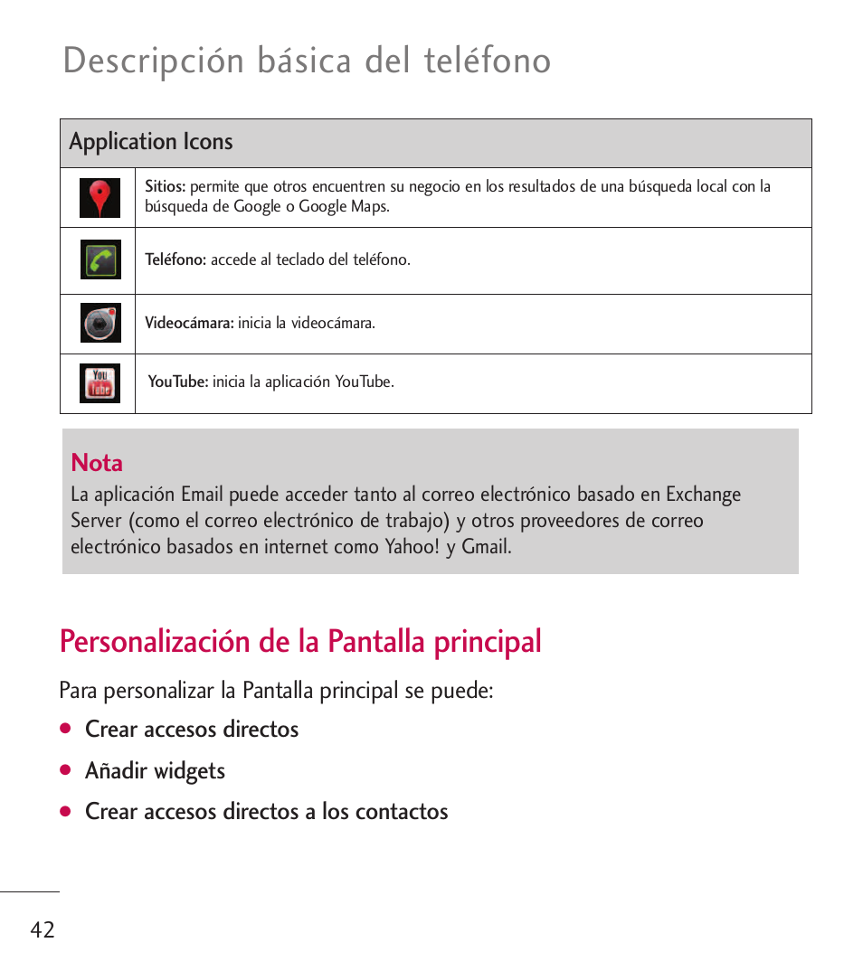 Descripción básica del teléfono, Personalización de la pantalla principal, Nota | LG LGL55C User Manual | Page 284 / 506