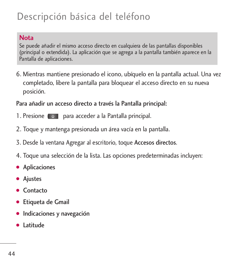 Descripción básica del teléfono, Nota | LG LGL55C User Manual | Page 286 / 506