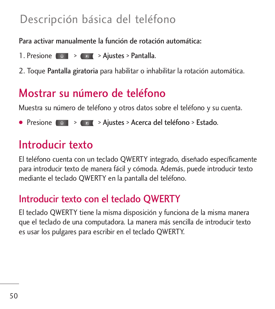 Mostrar su n?ero de tel?ono, Introducir texto, Mostrar su número de teléfono 50 | Mostrar su número de teléfono, Descripción básica del teléfono, Introducir texto con el teclado qwerty | LG LGL55C User Manual | Page 292 / 506