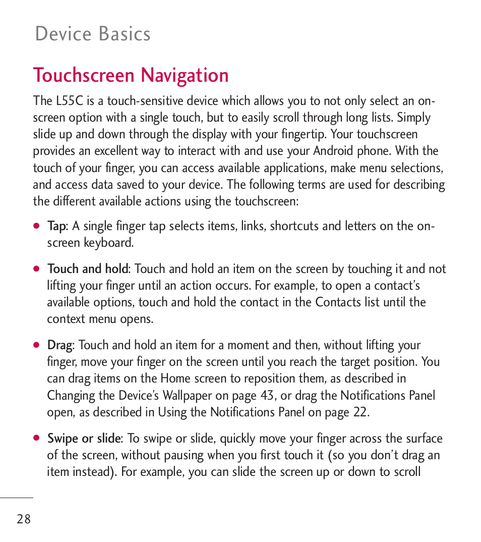 Touchscreen navigation, Device basics touchscreen navigation | LG LGL55C User Manual | Page 30 / 506
