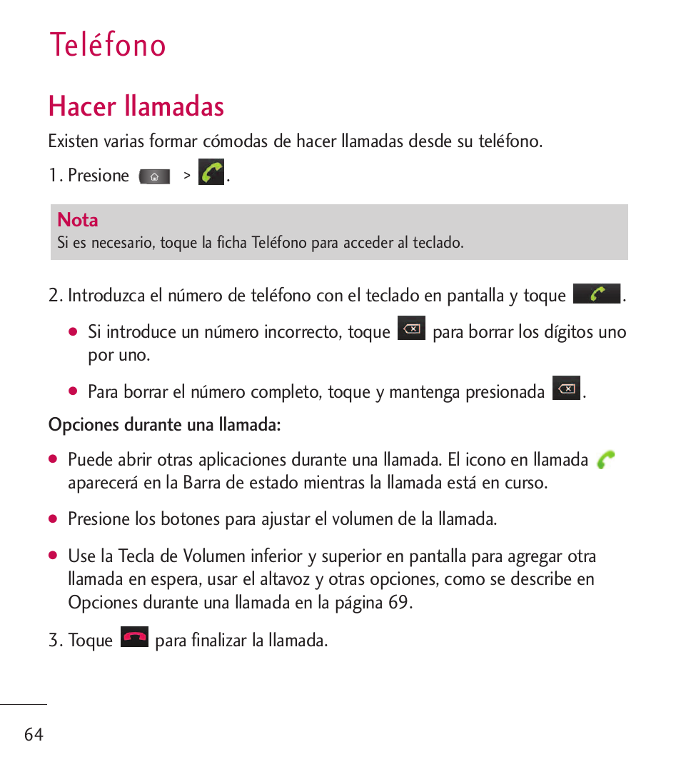 Tel?ono, Hacer llamadas, Teléfono | LG LGL55C User Manual | Page 306 / 506